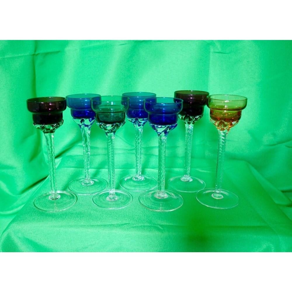 LOT of 7 HAND BLOWN TWISTED STEM MULTI COLOR GLASS CRYSTAL CORDIALS shot GLASSE